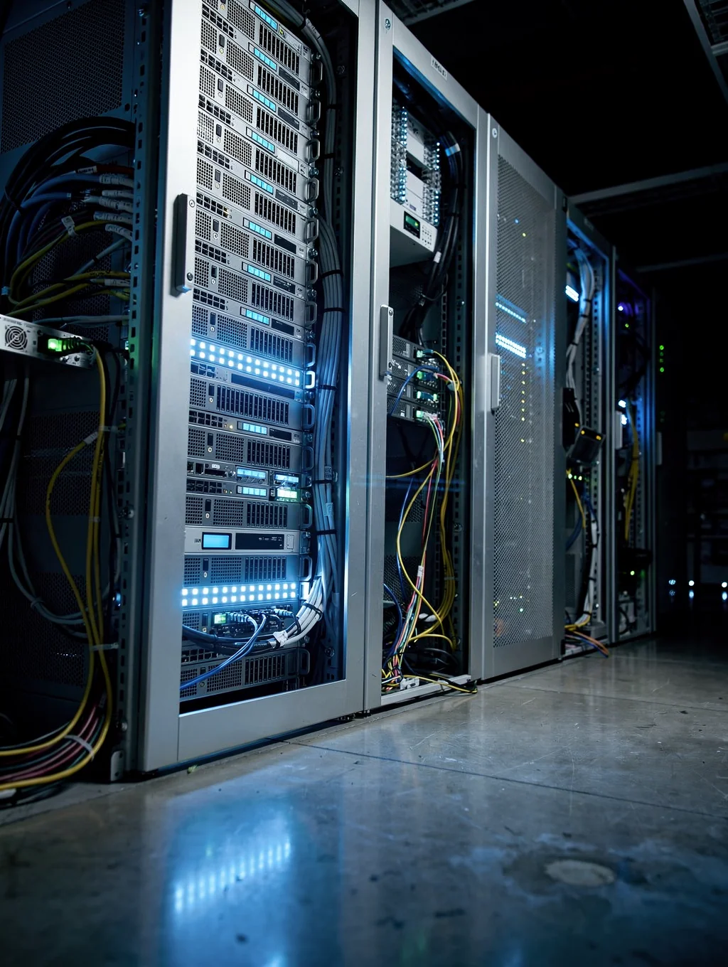 Cinematic high-density server rack infrastructure with glow lighting